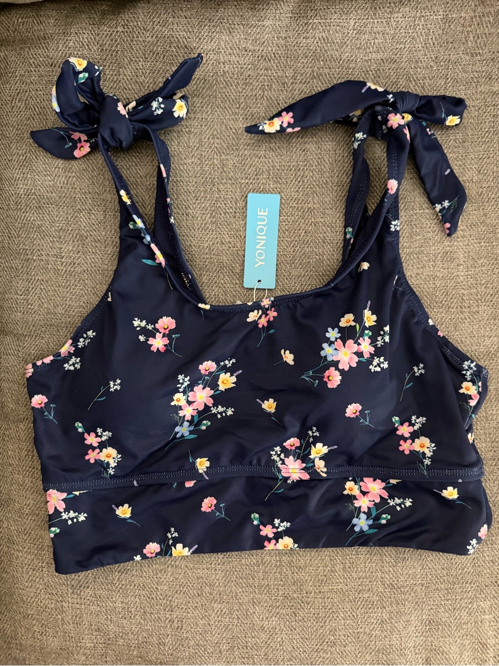YONIQUE Navy Floral Tie-Shoulder Bikini Top